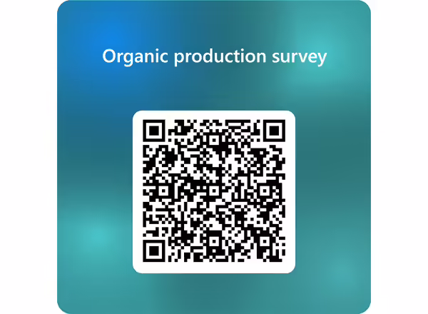 A black and white square QR code on a blue background for the organic production survey