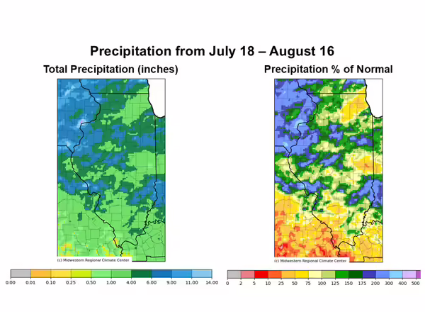 two maps of illinois with different colors showing a range of precipitation