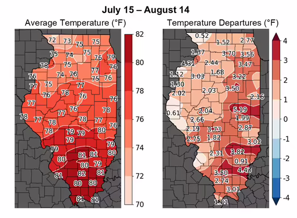 two maps of illinois with different colors showing a range of temperatures