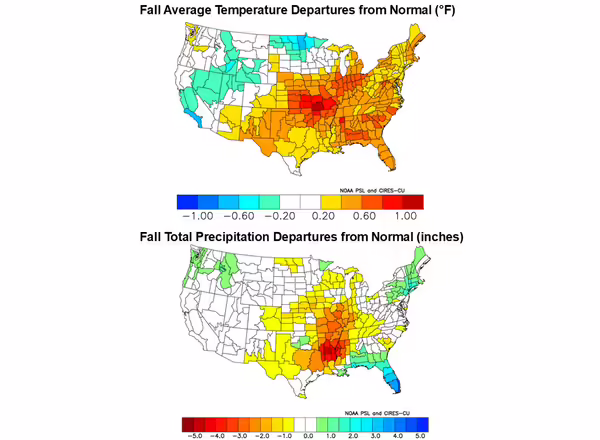 two maps of the united states with different colors showing temperature and precipitation changes