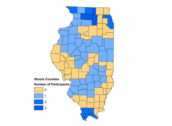 Color-coded map of Illinois counties shows levels of program participation.