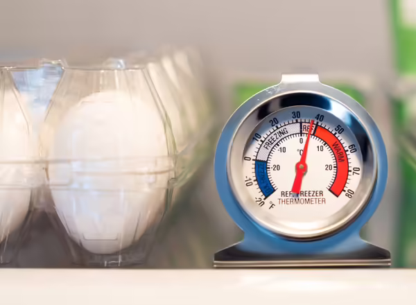 thermometer for freezer and refrigerator shows safe temperature for refrigerator of below 40 F.