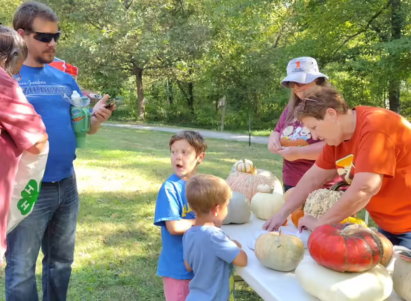 Volunteers teaching youth about pumpkins