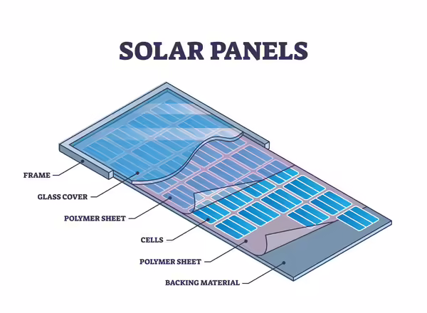 Infographic showing the parts of a solar panel, left to right and outside to inside: Frame, glass cover, polymer sheet, cells, polymer sheet, backing material