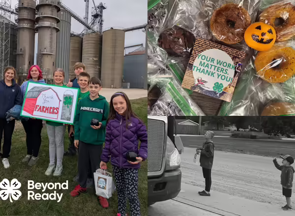 Collage featuring youth waving at a truck from the street, a group of 4-H members holding a sign that reads thank you farmers in front of a grain elevator, and a top down shot of some backed goods with a sticker that reads 'Your Work Matters Thank You'