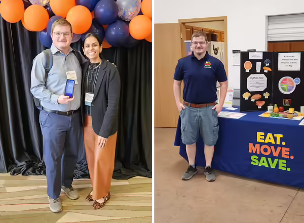 Eat.Move.Save staff member poses with an award on the left, and stands in front of a table on the right