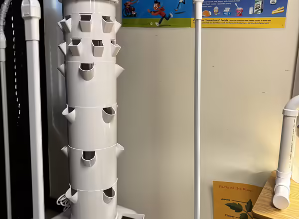 Example of the large white hydroponic towers that will be planted in February.