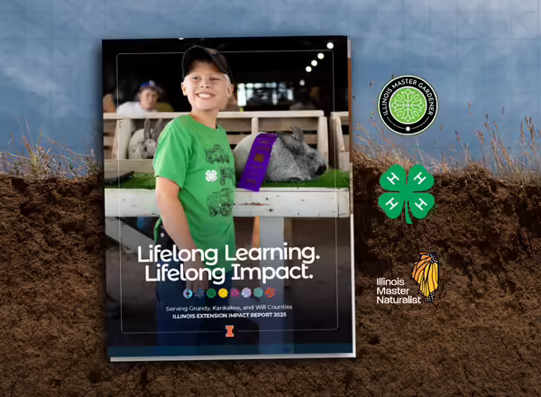 Cover of the 2025 Annual Report with Illinois Extension program logos in front of a soil core image