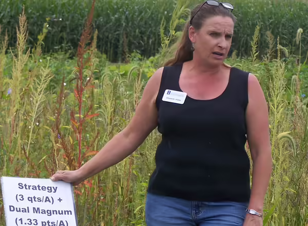 person standing in a field beside a sign