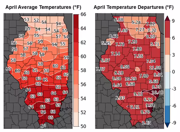 A screenshot of two maps of Illinois side by side with color gradients showing temperature averages and temperature departures from normal.