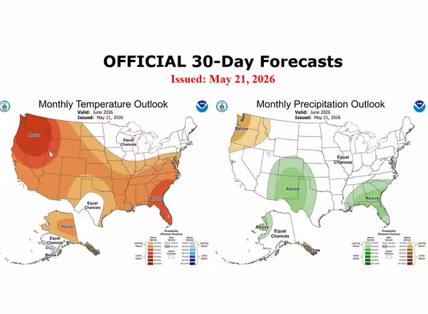 two maps of the united states with different colors showing a range of precipitation for upcoming month of June