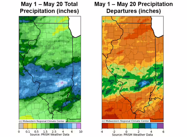two maps of illinois with different colors showing a range of precipitation