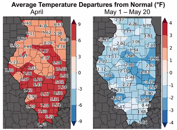 two maps of illinois with different colors showing a range of temperatures
