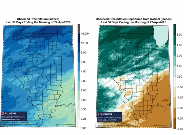 Two maps of Illinois side by side with color gradients showing precipitation and departure from normal precipitation during April 2026.