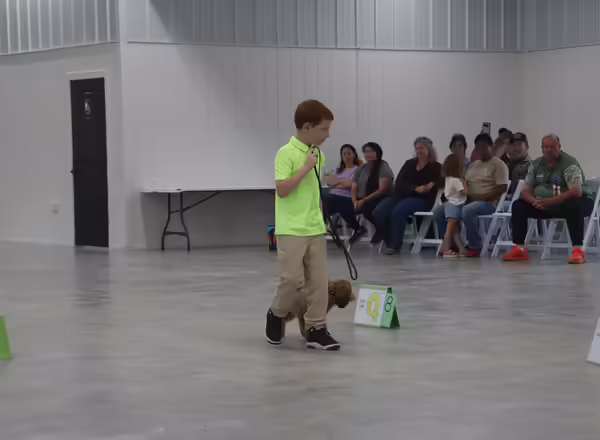 A boy in a bright yellow shirt walks with his dog through the rally course.