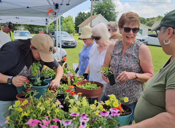 Workshop attendees assembling container gardens
