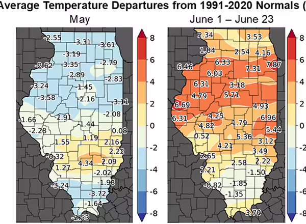 two maps of illinois with different colors showing a range of precipitation