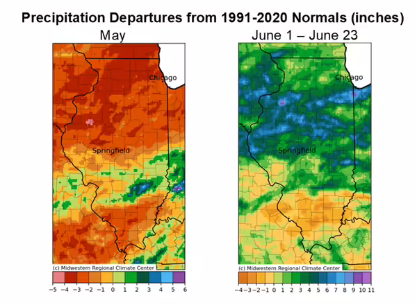 two maps of illinois with different colors showing a range of precipitation