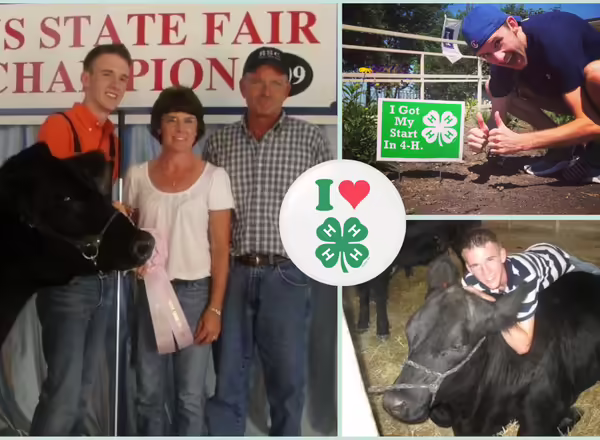 A collage of images from Kevin's 4-H days. There is a photo of him and his parents at the Illinois State Fair showing a steer, a photo of Kevin posing in front of a sign that says "I got my start in 4-H" and a picture of Kevin and his steer in the barn.