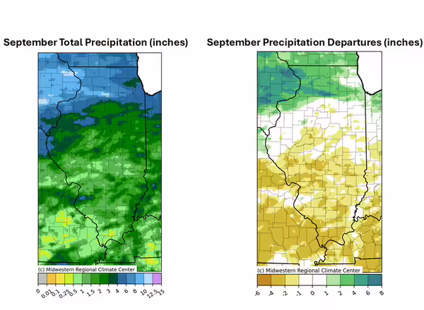 two maps of illinois with different colors showing a range of precipitation