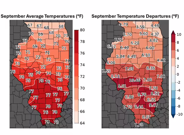 two maps of illinois with different colors showing a range of temperatures