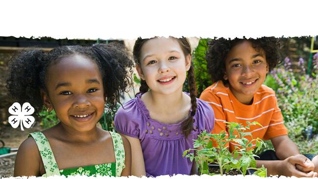 three younger kids holding vegetable plants and smiling