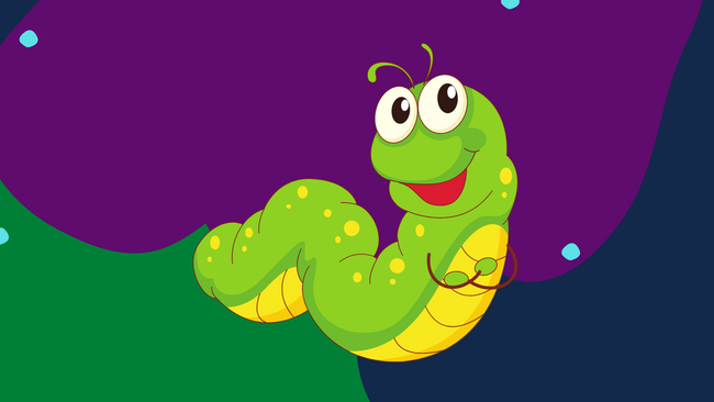 Animated green caterpillar against a purple, blue and green background