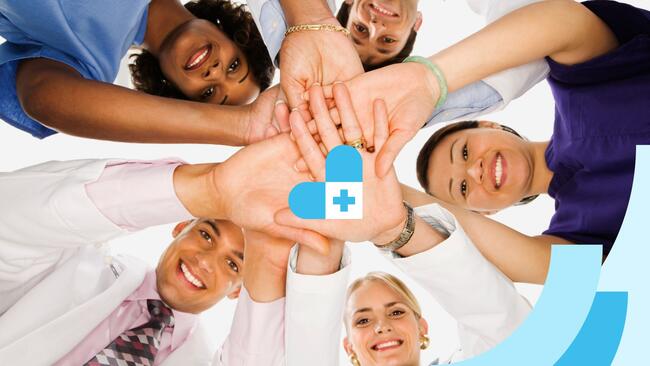medical professionals in a team huddle