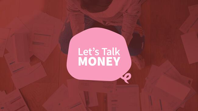 red background with pink piggy bank up front and white lettering "Let's Talk Money"
