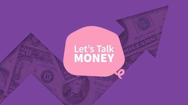 purple arrow in background with pink piggy bank in front with white lettering "Let's Talk Money"