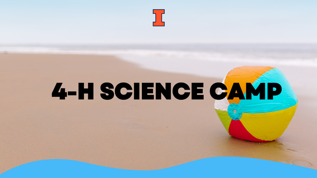 A beachball sitting in the sand on the beach. Text reads 4-H Science Camp.