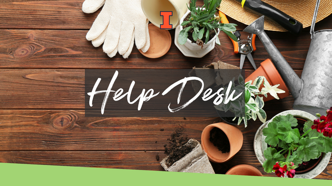 Various gardening items sitting on a wooden table - gloves, soil, plants, watering can, and flower pots. Text in middle reads Help Desk.