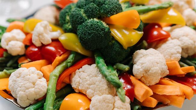 Vegetables, cauliflower, broccoli, asparagus, carrots and peppers