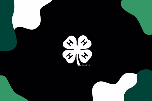 A 4-H cloverleaf with swirling design elements surrounding it.