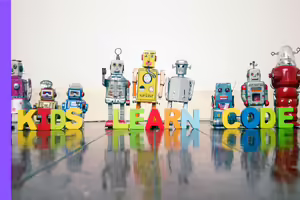 groups of robots behind the words kids learn code