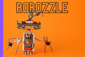 robot with wrenches in hands. word robozzle above it.
