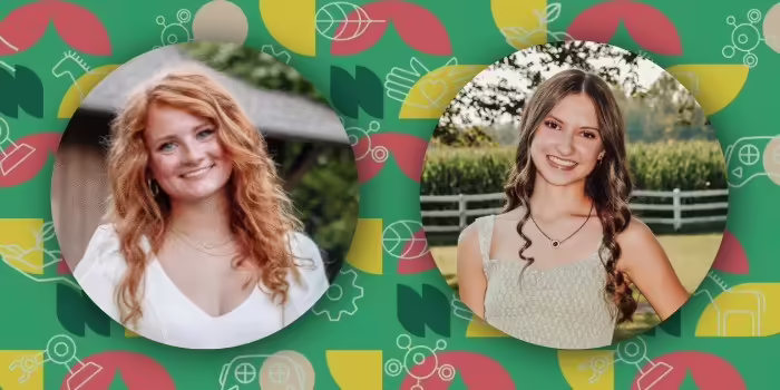 Caroline Simmons and Annsley Healy smile with 4-H graphics in the background. 