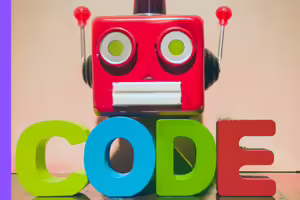 red square robot head with the word code in front