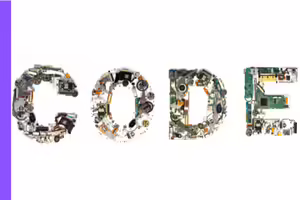 computer pieces laid out to form the word code