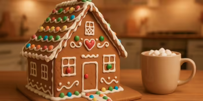 gingerbread house and hot cocoa