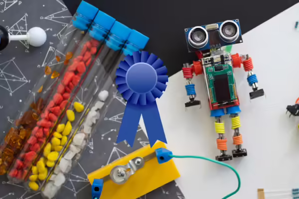 Images of robotics with a blue ribbon graphic over the top of the picture.