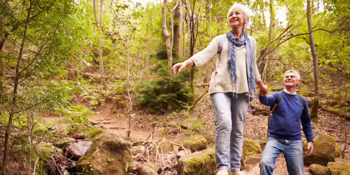 In a forest, a woman is balancing on a log while holding a man's hand.