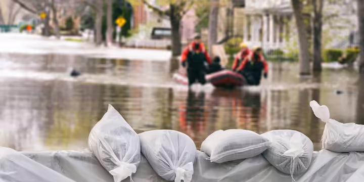Flood Protection Sandbags with flooded homes in the background (Montage)