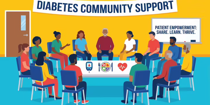 Illustration of a diabetes community support group meeting.