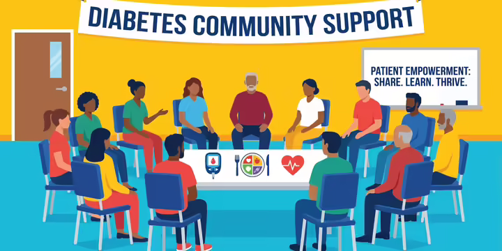 Illustration of a diabetes community support group meeting. A diverse group of adults sit in a circle of chairs discussing diabetes management.