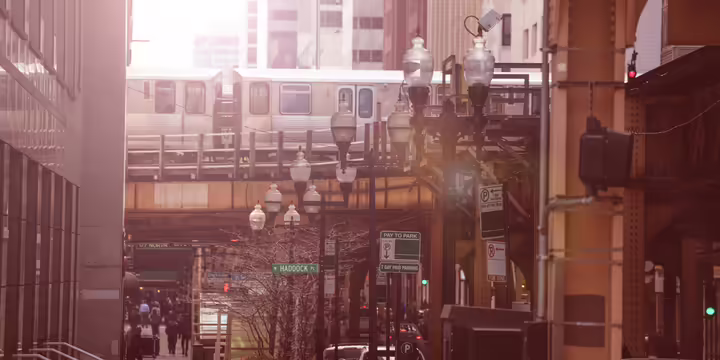 Street with metro train over it in Chicago