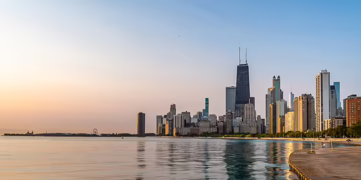 A photo of the Chicago skyline and lake Michigan