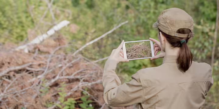 A woman with a phone takes a photo of trees
