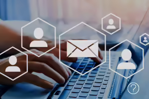 person at keyboard with symbols representing connecting