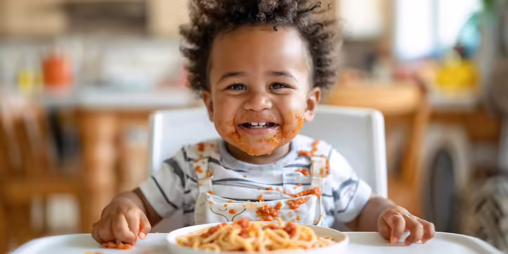 Baby eating spaghetti